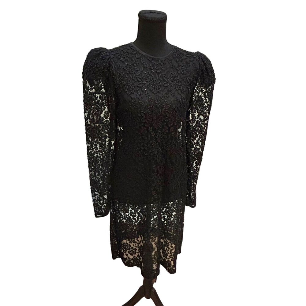 Vintage Sheer Black Floral Lace Dress 1980s Puffed Sleeves Victorian Goth Size S